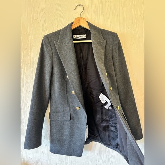 Zara Grey Gray Double Breasted Knit Wool Like Structured Military Blazer Jacket - Picture 9 of 16